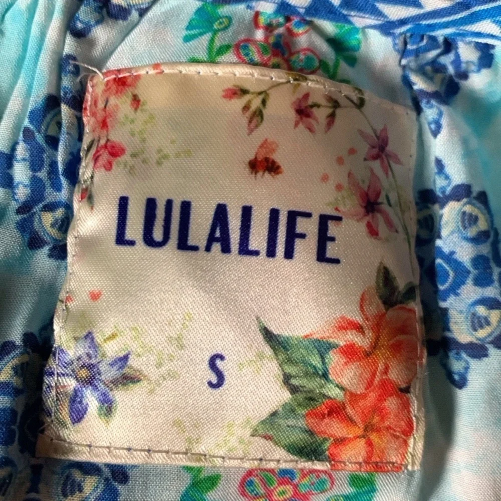 Lulalife colorful rayon blouse with tassel ties Size Small
